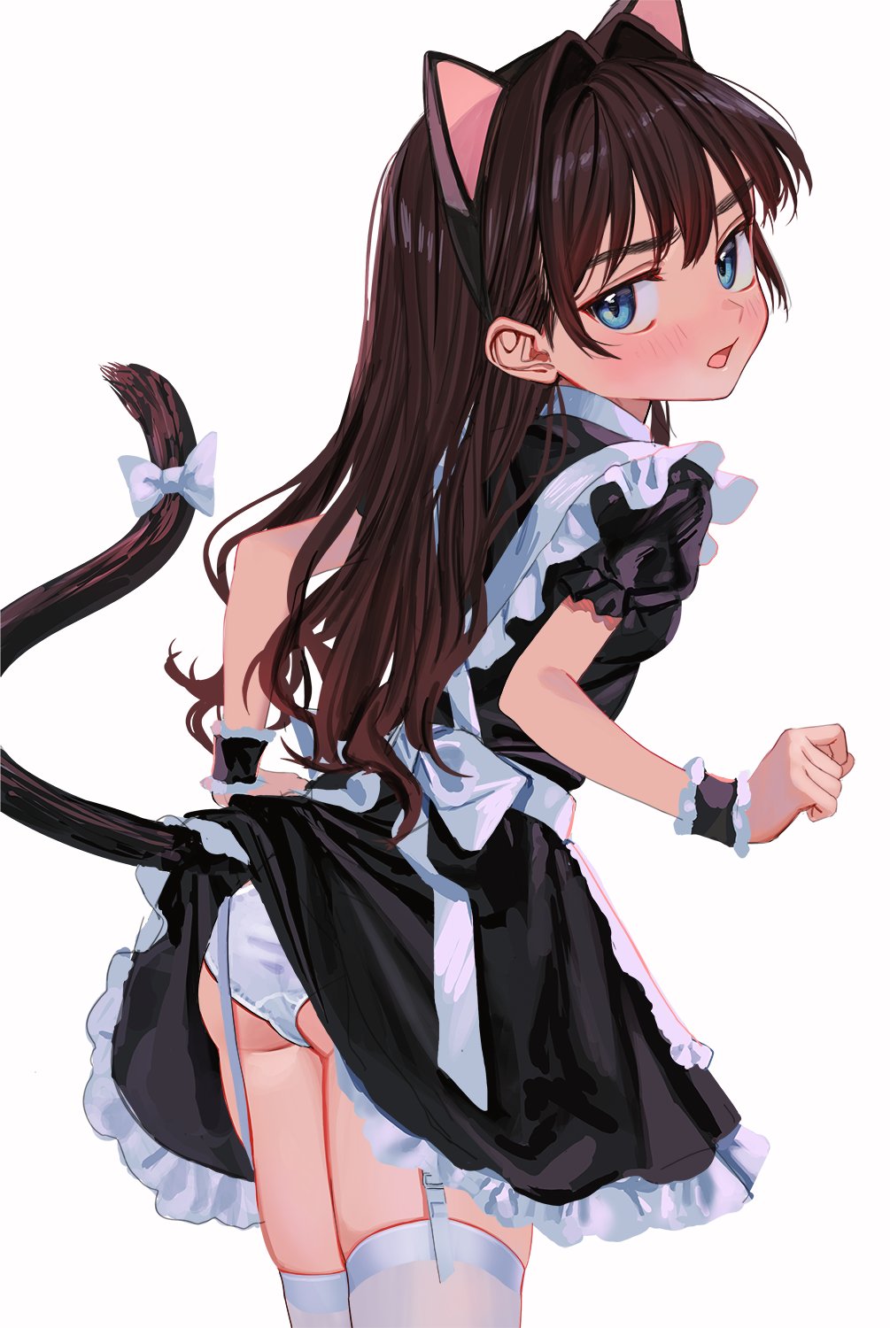 1girl animal_ears apron ass back_bow black_dress blue_eyes blush bow brown_hair cat_ears cat_tail clothes_lift commentary_request cowboy_shot dress dress_lift elisia_valfelto embarrassed frilled_apron frilled_dress frills from_behind garter_straps hair_intakes highres long_hair looking_at_viewer looking_back luicent maid maid_apron open_mouth original panties puffy_short_sleeves puffy_sleeves short_sleeves simple_background solo tail tail_bow tail_lift tail_ornament thigh-highs underwear white_background white_legwear white_panties wrist_cuffs