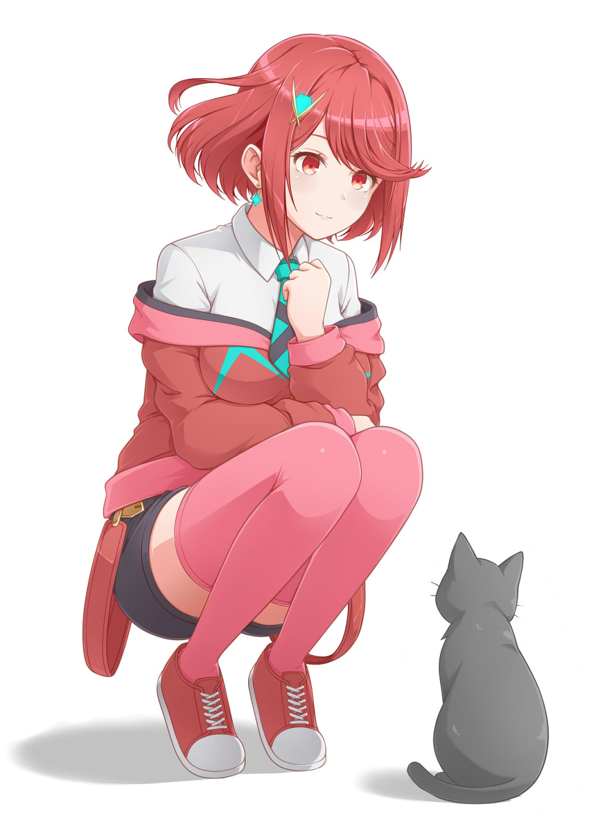 1girl bangs cat earrings full_body grin hair_between_eyes hair_ornament hand_on_own_chest highres jacket jewelry necktie polo_shirt pyra_(xenoblade) red_eyes red_footwear red_jacket red_legwear redhead school_uniform shirt shoes short_hair simple_background smile sneakers solo squatting teeth thigh-highs white_background white_shirt xenoblade_chronicles_(series) xenoblade_chronicles_2 yatoneko_illust