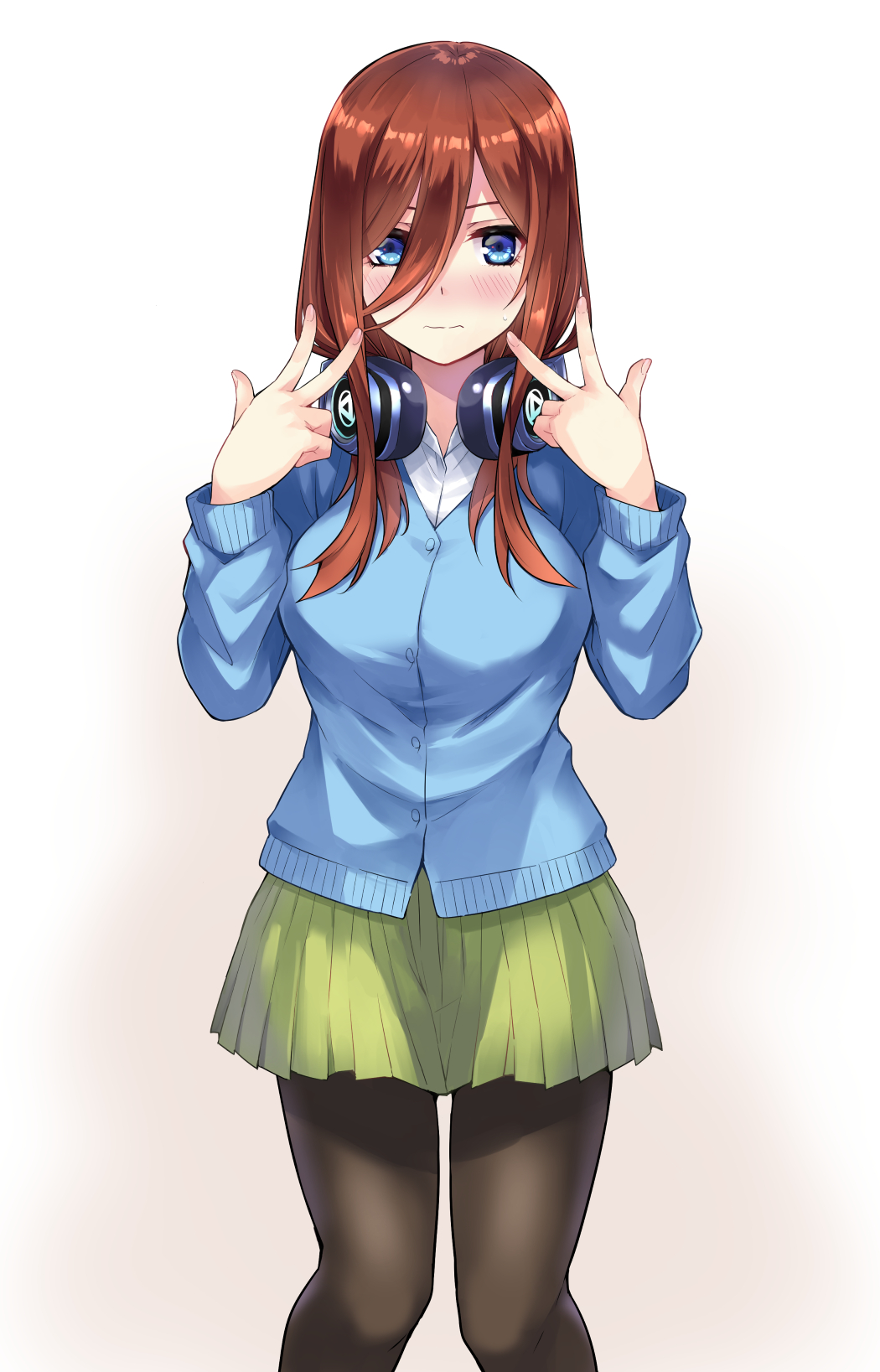 1girl bangs black_legwear blue_eyes blue_sweater blush breasts closed_mouth collared_shirt cowboy_shot double_w go-toubun_no_hanayome green_skirt hair_between_eyes headphones headphones_around_neck highres hikari_no_oukokumin large_breasts long_hair long_sleeves nakano_miku pantyhose pleated_skirt shirt simple_background skirt solo straight_hair sweater w wavy_mouth white_background white_shirt