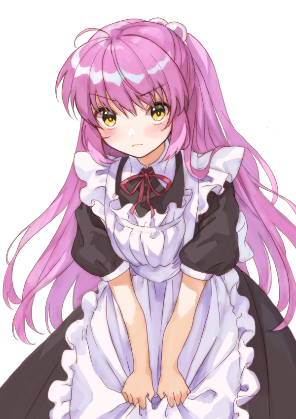 1girl alternate_costume apron black_dress brown_eyes commentary_request cowboy_shot dress embarrassed enmaided frilled_apron frills futaki_kanata hair_bobbles hair_ornament leaning_forward little_busters!! long_hair looking_at_viewer maid mitsuyo_(mituyo324) purple_hair simple_background solo two_side_up white_apron white_background