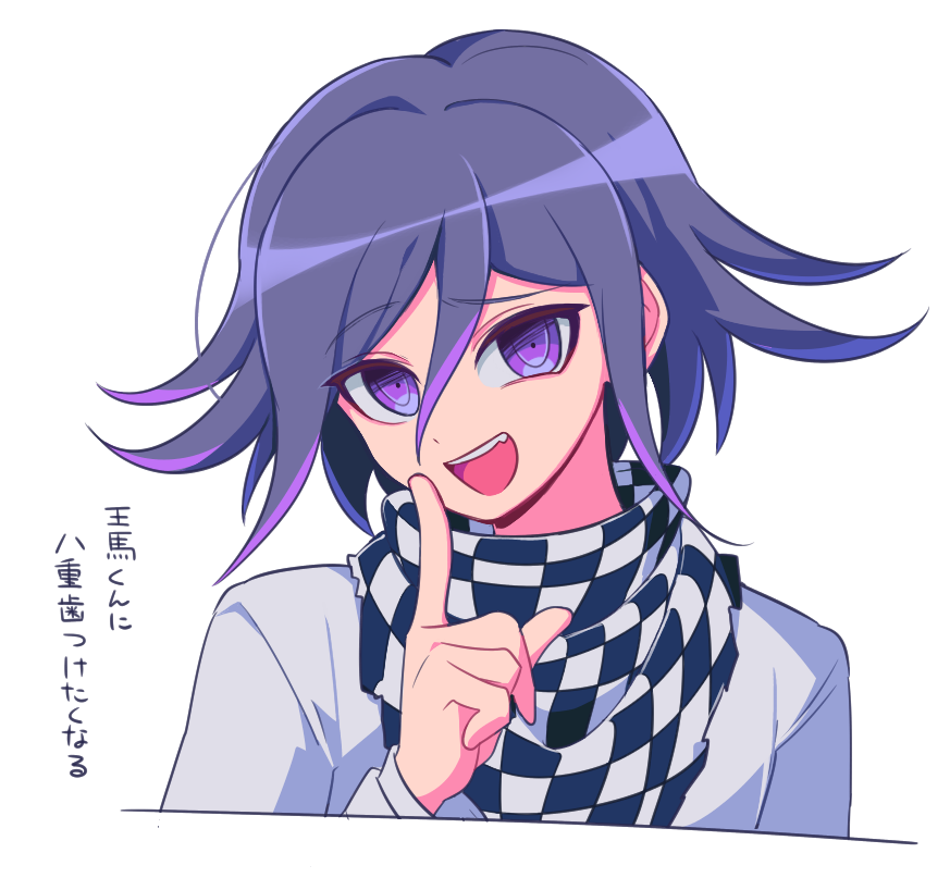 1boy :d bangs checkered checkered_neckwear checkered_scarf commentary_request cropped_torso dangan_ronpa_(series) dangan_ronpa_v3:_killing_harmony eyebrows_visible_through_hair fang hair_between_eyes index_finger_raised jacket long_sleeves looking_at_viewer male_focus multicolored_hair open_mouth ouma_kokichi pink_hair purple_hair sasakama_(sasagaki01) scarf shirt short_hair simple_background smile solo translation_request two-tone_hair upper_body upper_teeth violet_eyes white_background white_jacket