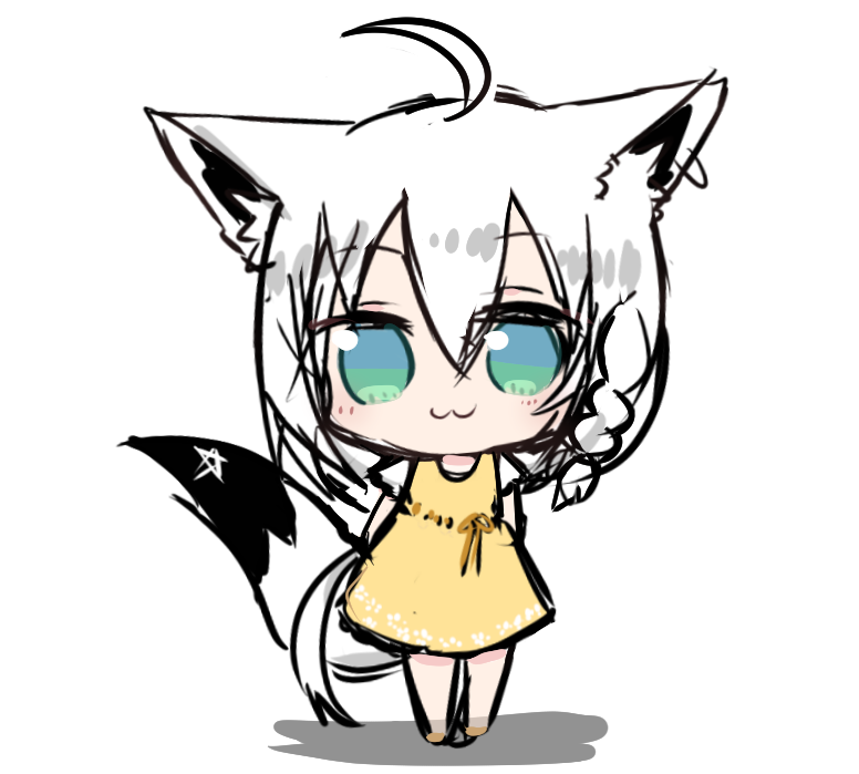 1girl :3 ahoge animal_ear_fluff animal_ears arms_behind_back bangs braid chibi commentary_request dress earrings eyebrows_visible_through_hair fox_ears fox_girl fox_tail green_eyes hair_between_eyes hololive jewelry long_hair looking_at_viewer pentagram shirakami_fubuki shirakami_fubuki_(artist) sidelocks simple_background single_braid sketch solo sundress tail virtual_youtuber white_background white_hair yellow_dress