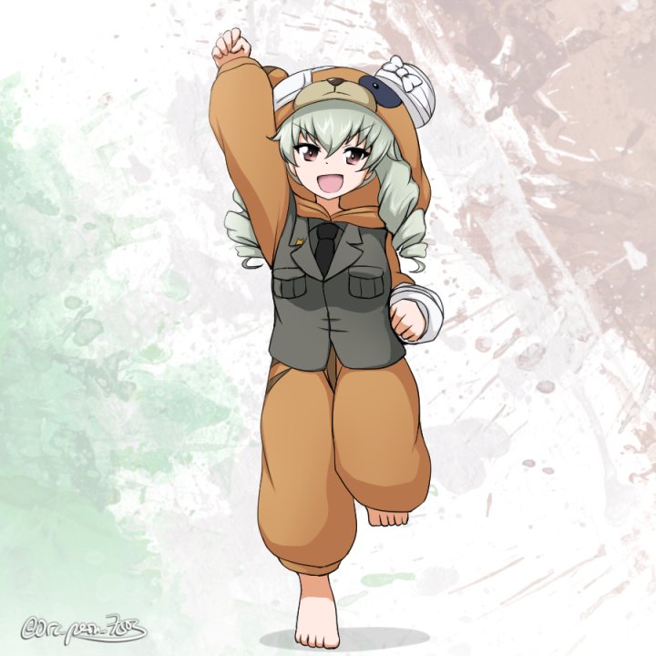 1girl anchovy_(girls_und_panzer) animal_costume anzio_military_uniform arm_up bandages bangs barefoot bear_costume black_neckwear boko_(girls_und_panzer) brown_eyes commentary drill_hair eyebrows_visible_through_hair eyepatch girls_und_panzer girls_und_panzer_senshadou_daisakusen! green_hair grey_jacket jacket long_hair long_sleeves looking_at_viewer medical_eyepatch necktie onesie open_mouth orc_peon_7503 pajamas raised_fist smile solo standing standing_on_one_leg twin_drills twintails twitter_username