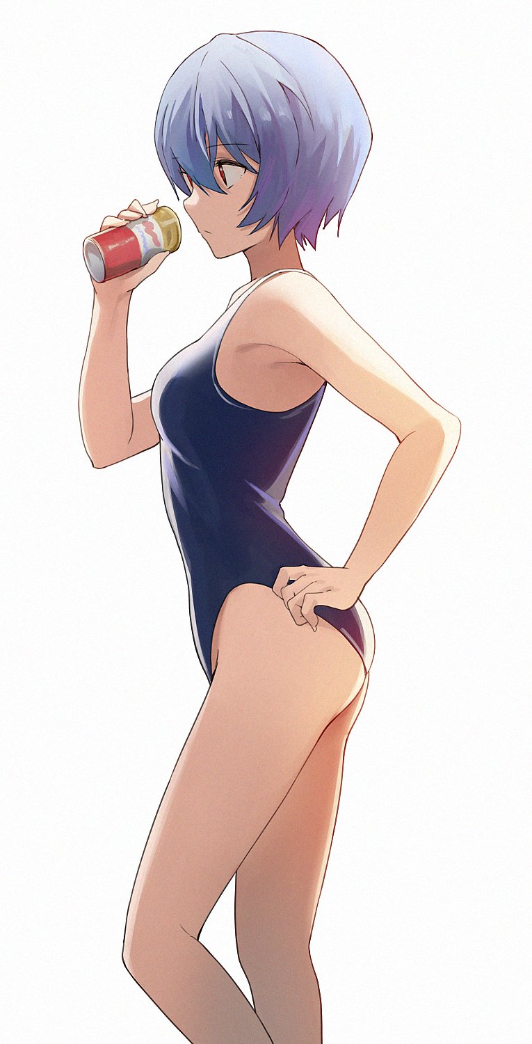 1girl ayanami_rei bare_legs blue_swimsuit breasts can closed_mouth commentary cowboy_shot drink expressionless eyebrows_visible_through_hair from_side hair_between_eyes hand_on_hip highres hiroki_(yyqw7151) holding holding_drink light_blue_hair medium_breasts neon_genesis_evangelion one-piece_swimsuit profile red_eyes short_hair simple_background solo standing swimsuit thighs white_background