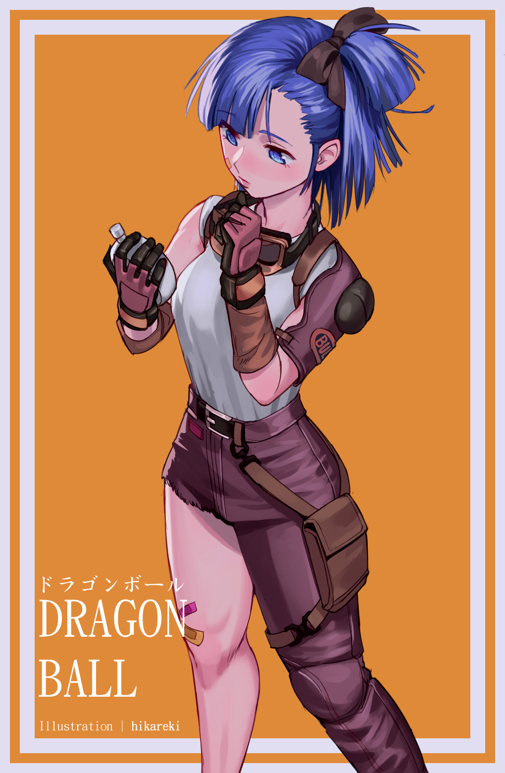 1girl artist_name asymmetrical_clothes asymmetrical_legwear bandaid bandaid_on_cheek bandaid_on_knee bangs belt black_gloves black_ribbon blue_eyes blue_hair border brown_belt brown_pants bulma character_name closed_mouth clothes_writing copyright_name dragon_ball dragon_ball_(classic) dragon_radar expressionless eyebrows_visible_through_hair fanny_pack feet_out_of_frame gloves goggles goggles_around_neck grey_border hair_ribbon hand_to_own_mouth hand_up highres hikareki holding knee_pads legs_apart looking_down medium_hair one_side_up orange_background pants ribbon shiny shiny_hair shirt shirt_tucked_in short_sleeves simple_background single_pantsleg solo standing swept_bangs torn_clothes uneven_legwear white_shirt