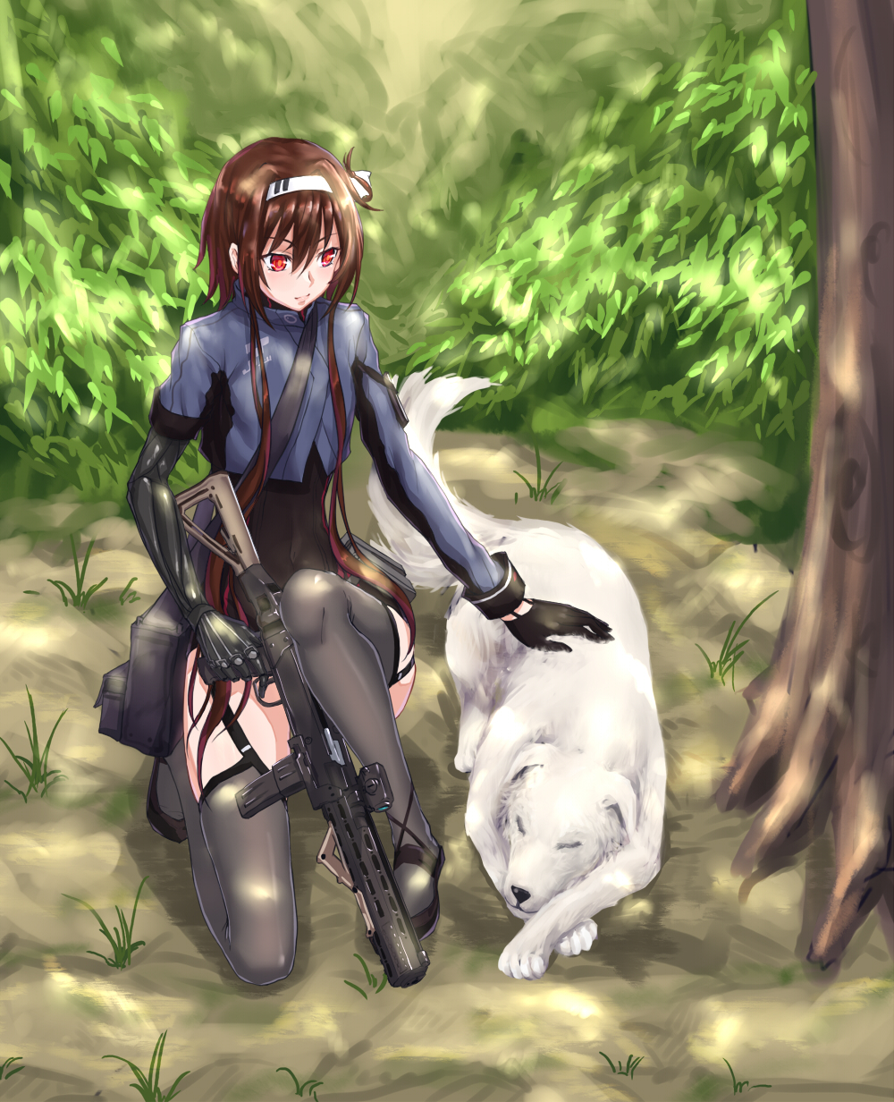 1girl asymmetrical_sleeves belt_pouch black_gloves black_leotard blue_jacket brown_hair bush cropped_jacket dog dy folded_hair forest full_body garter_straps girls_frontline gloves gradient_hair grass grey_legwear ground gun hair_ribbon highres holding holding_gun holding_weapon jacket kneeling leotard mechanical_arms multicolored_hair nature outdoors petting pouch red_eyes redhead ribbon scope short_hair_with_long_locks single_mechanical_arm skindentation solo strap thigh-highs tied_hair tree trigger_discipline type_79_(girls_frontline) type_79_smg weapon white_dog white_ribbon yeklsa