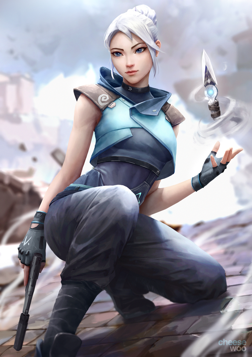 1girl armor black_gloves blue_eyes boots facing_viewer fingerless_gloves foot_out_of_frame gloves gun highres holding holding_gun holding_weapon isaac_liew jett_(valorant) knife lips looking_to_the_side pants shoulder_armor sleeveless solo squatting tied_hair valorant weapon white_hair