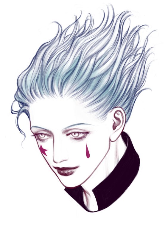 1boy bella_scottland blue_hair eyelashes facepaint facial_mark hair_slicked_back hisoka_morow hunter_x_hunter male_focus short_hair simple_background smile solo star_(symbol) star_facial_mark teardrop_facial_mark teardrop_tattoo white_background