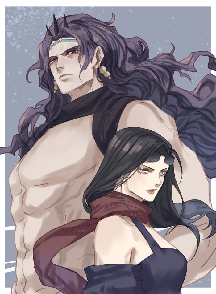 1boy 1girl abs bare_shoulders battle_tendency black_hair blue_eyes breasts closed_mouth dress earrings english_commentary eyewear_on_head height_difference horns jewelry jojo_no_kimyou_na_bouken kars_(jojo) large_breasts lisa_lisa long_hair looking_at_viewer manly mature_female muscular muscular_male pectorals purple_dress purple_hair red_eyes red_lips red_scarf scarf sunglasses very_long_hair wavy_hair yepnean