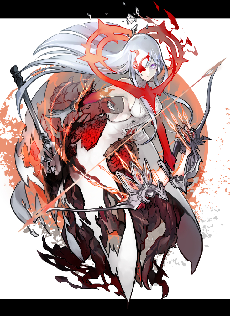 1girl bangs bow_(weapon) breasts dress full_body gloves hair_between_eyes hair_over_one_eye half-nightmare holding holding_bow_(weapon) holding_weapon ika_syuri long_hair sideboob single_glove sinoalice sleeveless sleeveless_dress snow_white_(sinoalice) solo weapon white_background white_dress white_eyes white_gloves white_hair