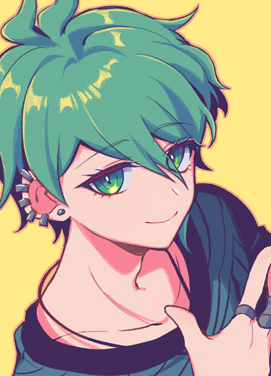 1boy amami_rantarou antenna_hair bangs closed_mouth collarbone commentary_request dangan_ronpa_(series) dangan_ronpa_v3:_killing_harmony ear_piercing earrings eyebrows_visible_through_hair face green_eyes green_hair hair_between_eyes jewelry looking_at_viewer male_focus necklace piercing ring sasakama_(sasagaki01) shiny shiny_hair shirt short_hair simple_background smile solo striped striped_shirt stud_earrings upper_body yellow_background