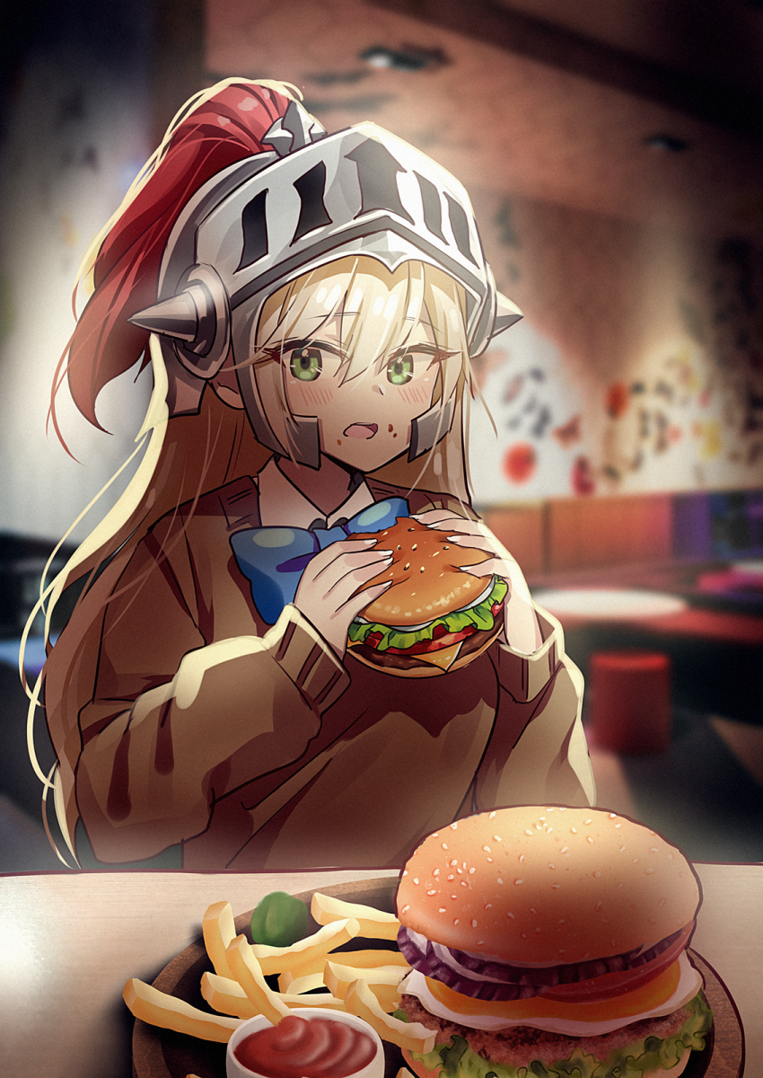 1girl artoria_pendragon_(caster)_(fate) asymmetrical_bangs bangs blonde_hair blue_ribbon blurry blurry_background burger eating eyebrows_visible_through_hair fate/grand_order fate_(series) female_knight_(guardian_tales) food food_on_face french_fries green_eyes guardian_tales helmet highres holding holding_food indoors long_hair looking_at_viewer minmang_bokjang open_mouth ribbon sauce school_uniform