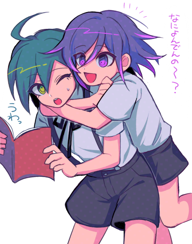 2boys :d ahoge alternate_costume bangs black_shorts blue_hair book commentary_request cowboy_shot dangan_ronpa_(series) dangan_ronpa_v3:_killing_harmony green_hair grey_shirt holding holding_book hug hug_from_behind leaning_forward male_focus multicolored_hair multiple_boys neck_ribbon notice_lines one_eye_closed open_book open_mouth ouma_kokichi pink_hair purple_hair ribbon saihara_shuuichi sasakama_(sasagaki01) shirt short_shorts short_sleeves shorts smile suspender_shorts suspenders sweatdrop translation_request two-tone_hair violet_eyes younger