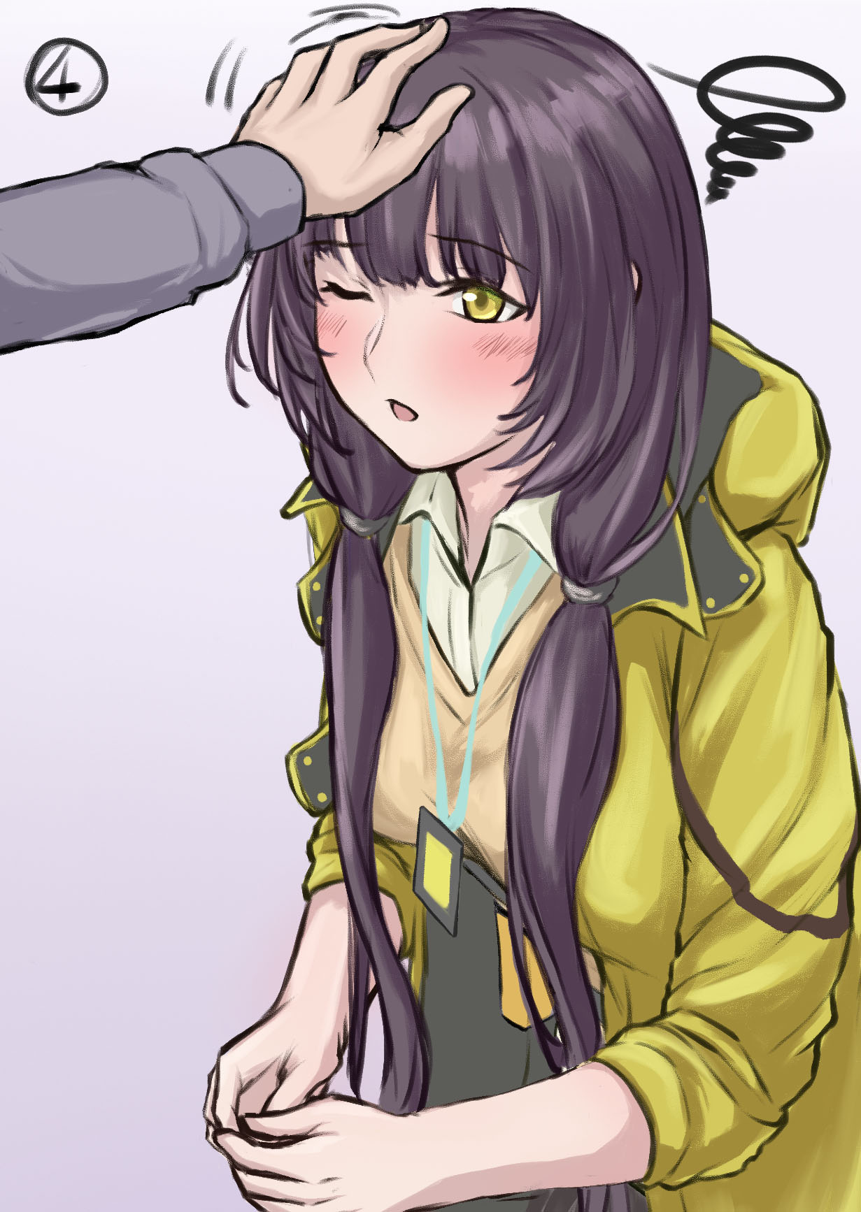 1girl 3_small_spiders bangs black_hair black_skirt blush collared_shirt eyebrows_visible_through_hair girls_frontline headpat highres id_card jacket long_hair long_sleeves one_eye_closed open_clothes open_jacket open_mouth ro635_(girls_frontline) shirt skirt solo_focus sweater_vest yellow_eyes yellow_jacket