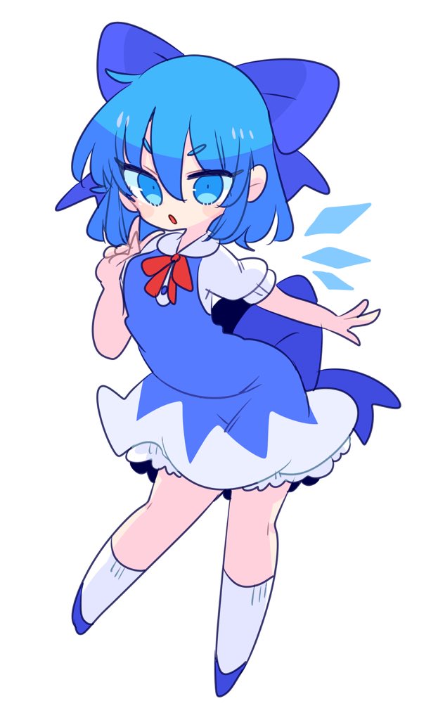 1girl blouse blue_dress blue_eyes blue_footwear blue_hair blue_ribbon bow cirno dress dress_shirt fairy_wings full_body hair_bow ice ice_wings op_na_yarou pinafore_dress puffy_short_sleeves puffy_sleeves red_bow red_ribbon ribbon shirt shoes short_dress short_hair short_sleeves simple_background socks touhou white_background white_blouse white_legwear white_shirt wing_collar wings