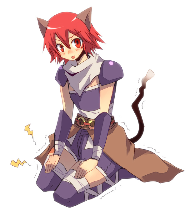 1boy :d animal_ears armor assassin_(ragnarok_online) bandages bangs blush bracer brown_cape cape cat_ears cat_tail commentary_request crossdressinging emon-yu eyebrows_visible_through_hair full_body hair_between_eyes looking_at_viewer male_focus misty_(ragnarok_online) open_mouth otoko_no_ko pauldrons purple_shirt purple_shorts ragnarok_online red_eyes redhead seiza shirt short_hair shorts shoulder_armor simple_background sitting sleeveless sleeveless_shirt smile solo tail thigh-highs trembling waist_cape white_background