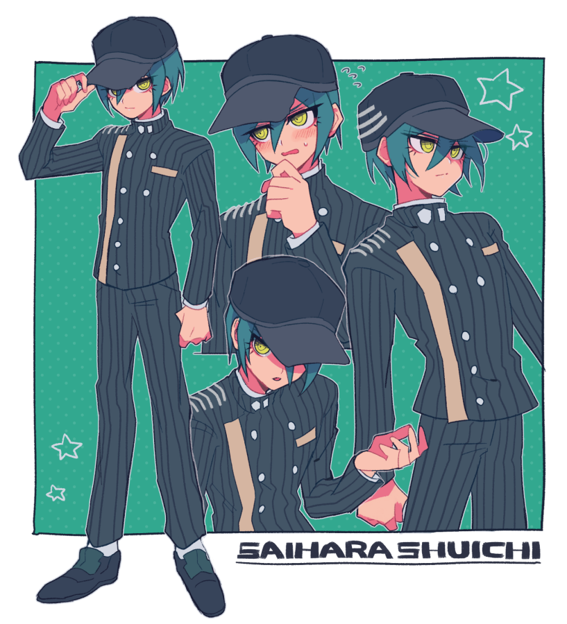 1boy bangs black_hair black_headwear black_jacket black_pants blush buttons character_name character_sheet commentary_request cropped_torso dangan_ronpa_(series) dangan_ronpa_v3:_killing_harmony double-breasted expressions flying_sweatdrops full_body gakuran green_background green_hair hand_on_own_chin hand_up hat jacket looking_at_viewer male_focus multiple_views open_mouth pants saihara_shuuichi sasakama_(sasagaki01) school_uniform short_hair star_(symbol) star_print striped striped_jacket striped_pants