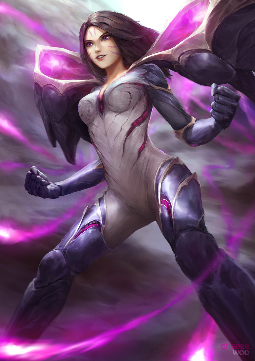 1girl armor artstation_username bodysuit brown_hair clenched_hands energy energy_wings facial_hair feet_out_of_frame fighting_stance firing floating_hair highres isaac_liew kai'sa league_of_legends long_hair parted_lips shoulder_armor smile solo teeth violet_eyes