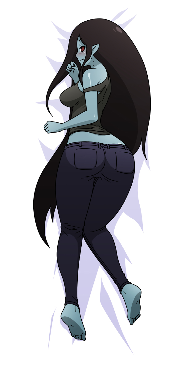 1girl adventure_time ass barefoot black_hair blue_skin blush breasts colored_skin dakimakura_(medium) fang full_body highres long_hair looking_back marceline_abadeer medium_breasts mike_inel pointy_ears red_eyes solo strap_slip tank_top very_long_hair