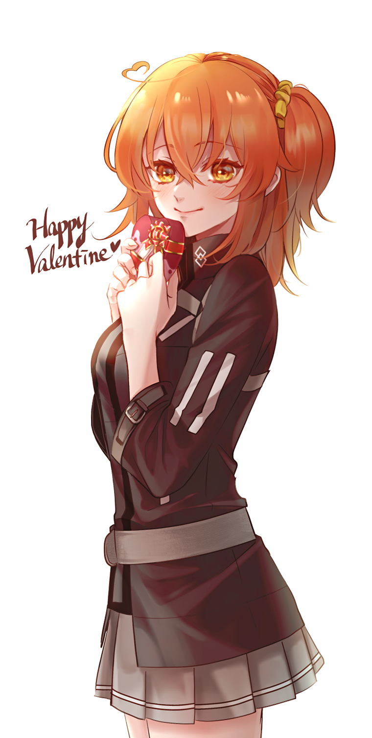 1girl ahoge bangs black_jacket box brown_eyes closed_mouth cowboy_shot eyebrows_visible_through_hair fate/grand_order fate_(series) from_side fujimaru_ritsuka_(female) grey_skirt hair_between_eyes hair_ornament hair_scrunchie happy_valentine heart-shaped_box heart_ahoge highres holding holding_box jacket long_hair long_sleeves looking_at_viewer miniskirt orange_hair orange_scrunchie pleated_skirt redrabbit44 scrunchie shiny shiny_hair side_ponytail skirt smile solo standing
