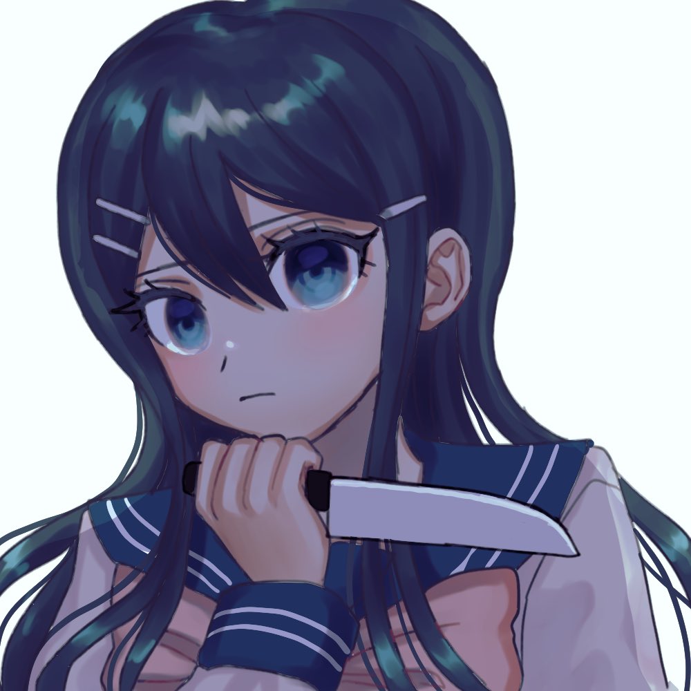 1girl bangs black_hair blue_eyes blue_hair blue_sailor_collar closed_mouth dangan_ronpa:_trigger_happy_havoc dangan_ronpa_(series) esu_(tasoesu) frown grey_background hair_between_eyes hair_ornament hairclip hand_on_own_chin hand_up holding holding_knife knife long_hair long_sleeves looking_at_viewer maizono_sayaka sailor_collar school_uniform serafuku shiny shiny_hair shirt simple_background solo upper_body white_shirt