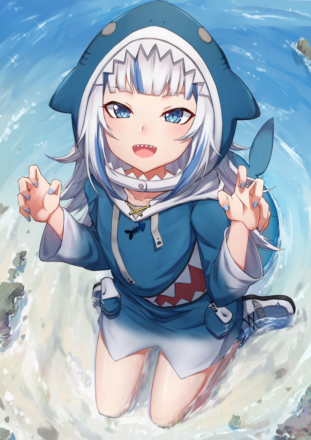 1girl animal_hood bangs beach blue_eyes blue_nails blunt_bangs claw_pose fish_tail from_above gawr_gura highres hololive hololive_english hood jirofly kneeling looking_at_viewer looking_up multicolored_hair open_mouth sand shark_girl shark_hood shark_tail sharp_teeth soaking_feet solo streaked_hair tail teeth two-tone_hair upper_teeth virtual_youtuber water