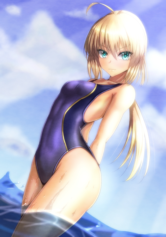 1girl arms_behind_back artoria_pendragon_(all) blonde_hair blue_eyes blue_sky clouds commentary_request competition_swimsuit cowboy_shot day dutch_angle fate/grand_order fate/stay_night fate_(series) free_note017 green_eyes looking_at_viewer one-piece_swimsuit outdoors purple_swimsuit saber sky soaking_feet solo standing swimsuit water