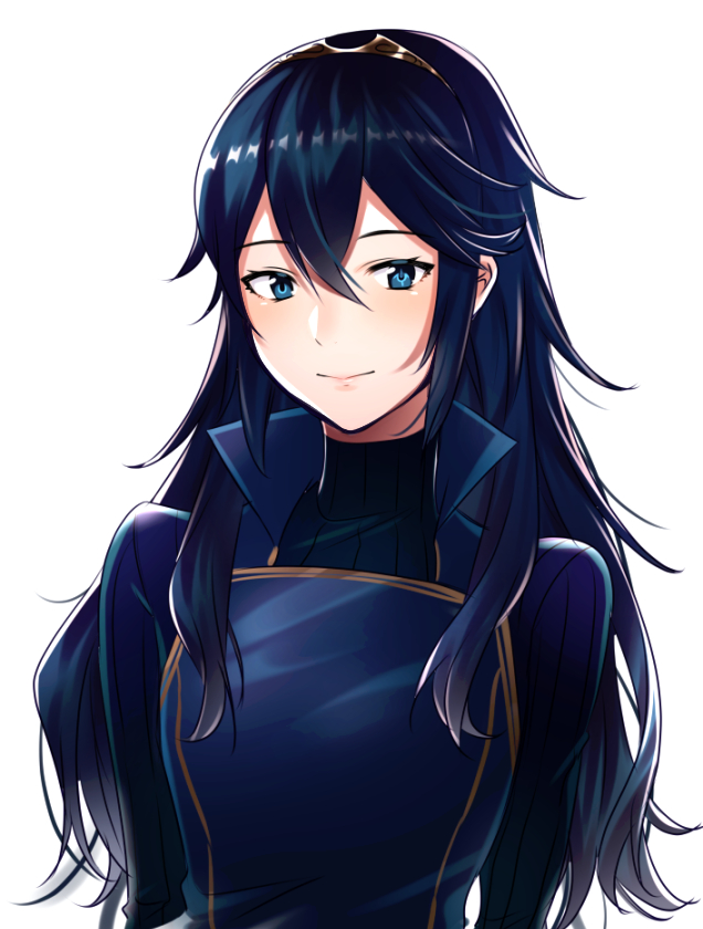 1girl ameno_(a_meno0) armor bangs blue_eyes blue_hair blue_sweater blush breastplate closed_mouth eyebrows_visible_through_hair fire_emblem fire_emblem_awakening hair_between_eyes hair_ornament lips long_hair long_sleeves looking_at_viewer lucina_(fire_emblem) pink_lips ribbed_sweater sidelocks simple_background smile solo sweater symbol-shaped_pupils tiara turtleneck turtleneck_sweater upper_body white_background