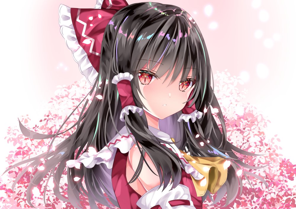 1girl ascot bangs black_hair bow closed_mouth detached_sleeves eyebrows_visible_through_hair frilled_bow frilled_hair_tubes frills from_side hair_bow hair_tubes hakurei_reimu looking_at_viewer medium_hair nanase_nao nontraditional_miko red_bow red_eyes ribbon-trimmed_sleeves ribbon_trim shiny shiny_hair solo touhou upper_body yellow_neckwear