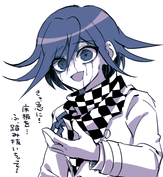 1boy :d bangs blood blood_on_face checkered checkered_neckwear checkered_scarf commentary_request dangan_ronpa_(series) dangan_ronpa_v3:_killing_harmony eyebrows_visible_through_hair flipped_hair grey_background grey_jacket hair_between_eyes hand_up jacket limited_palette long_sleeves male_focus open_mouth ouma_kokichi pink_blood sasakama_(sasagaki01) scarf smile solo translation_request upper_body