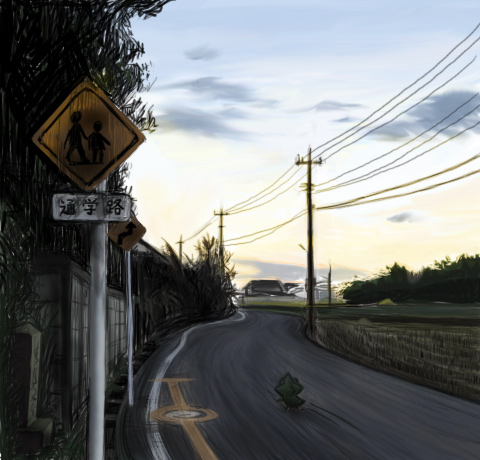 clouds commentary_request dusk field forest gen_1_pokemon hidamari_sketch landscape lowres metapod nature power_lines road road_sign roku_no_ji scenery sign street sunset translation_request tree twilight ume-sensei utility_pole
