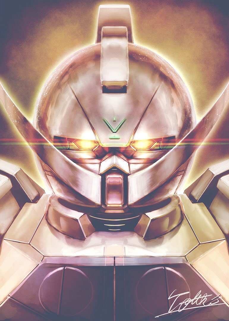 glowing glowing_eyes gundam looking_at_viewer mecha mobile_suit no_humans portrait science_fiction signature solo totthii0081 turn_a_gundam turn_a_gundam_(mobile_suit) yellow_eyes