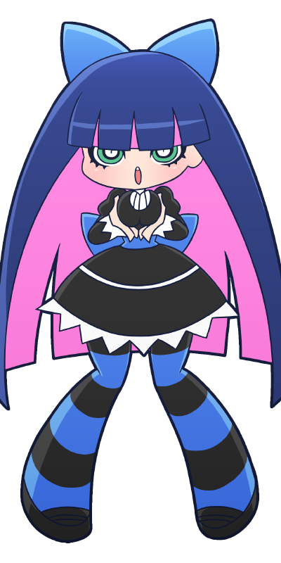 1girl bangs black_dress blue_hair bow breast_squeeze breasts colored_inner_hair dress full_body green_eyes hair_bow long_hair mike_inel multicolored_hair official_style panty_&amp;_stocking_with_garterbelt pink_hair solo stocking_(psg) striped striped_legwear transparent_background two-tone_hair
