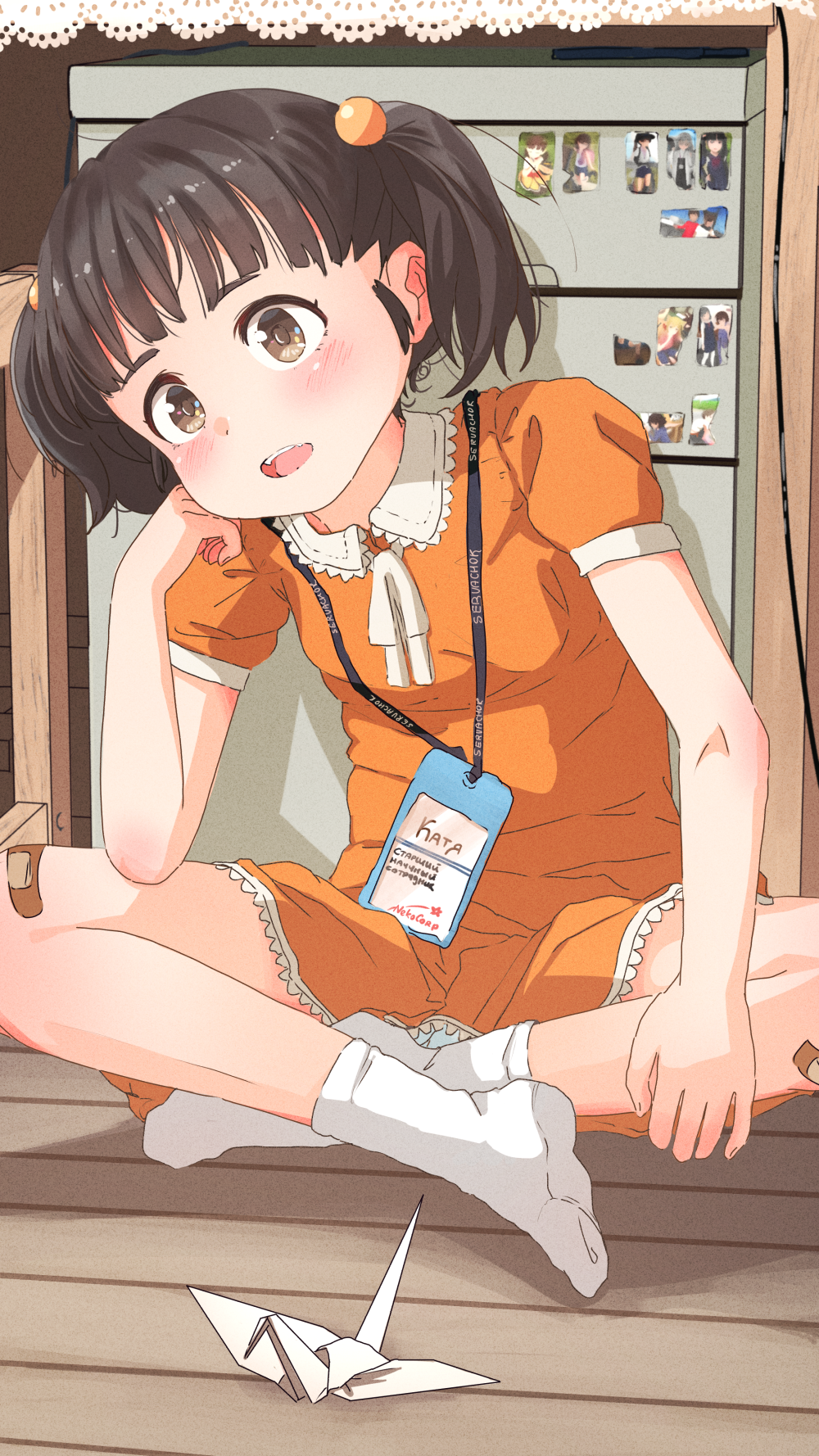 1girl bandaid bandaid_on_leg bangs blush brown_eyes brown_hair casual child clip_studio_paint_(medium) collar dress hair_ornament highres medium_hair name_tag neck_ribbon no_shoes orange_dress origami original paper_crane ribbon russian_commentary russian_text servachok short_sleeves socks translation_request twintails white_collar white_legwear white_ribbon wooden_floor