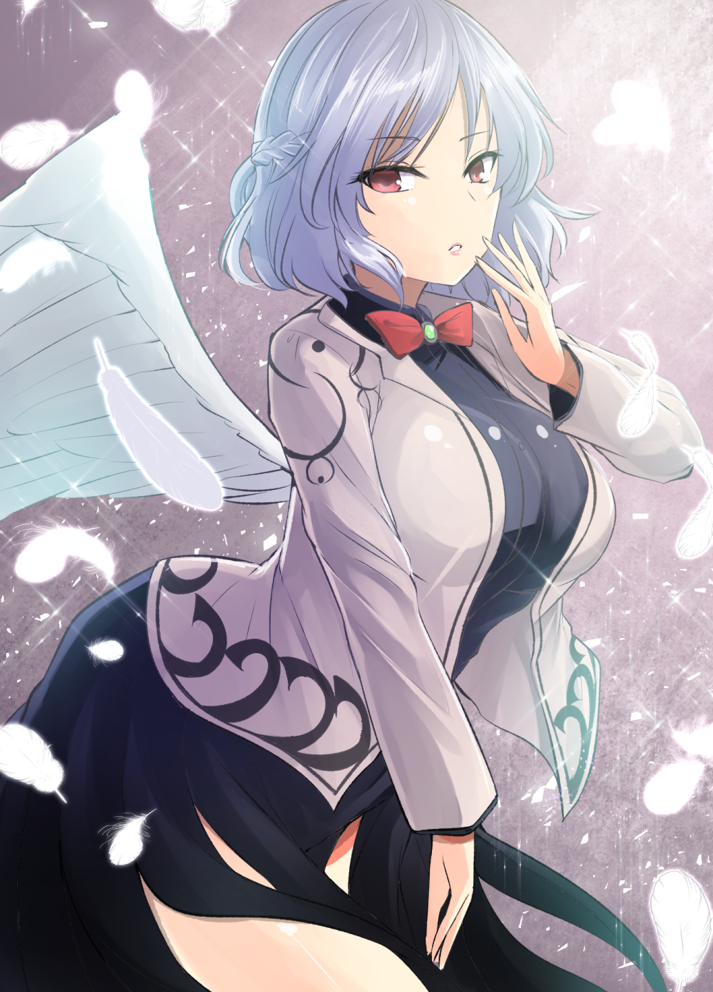 1girl arched_back bangs beige_jacket blurry bow bowtie braid breasts brooch depth_of_field dress eyebrows_visible_through_hair eyes_visible_through_hair feathered_wings feathers french_braid grey_wings hand_up heart highres huge_breasts jewelry kishin_sagume light long_sleeves looking_at_viewer parted_lips pink_lips purple_dress red_eyes short_hair silver_hair single_wing skirt solo sparkle suit_jacket thighs touhou white_hair white_wings wings y2