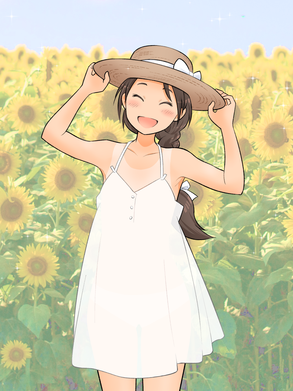 :d adjusting_clothes adjusting_headwear afunai armpits bow braid brown_hair closed cowboy_shot dress field flower flower_field hair_bow hat hat_bow head_tilt highres long_hair open_mouth see-through_silhouette see_through_shanghai silhouette single_braid smile standing straw_hat sun_hat sundress sunflower tan tanlines white_bow white_dress