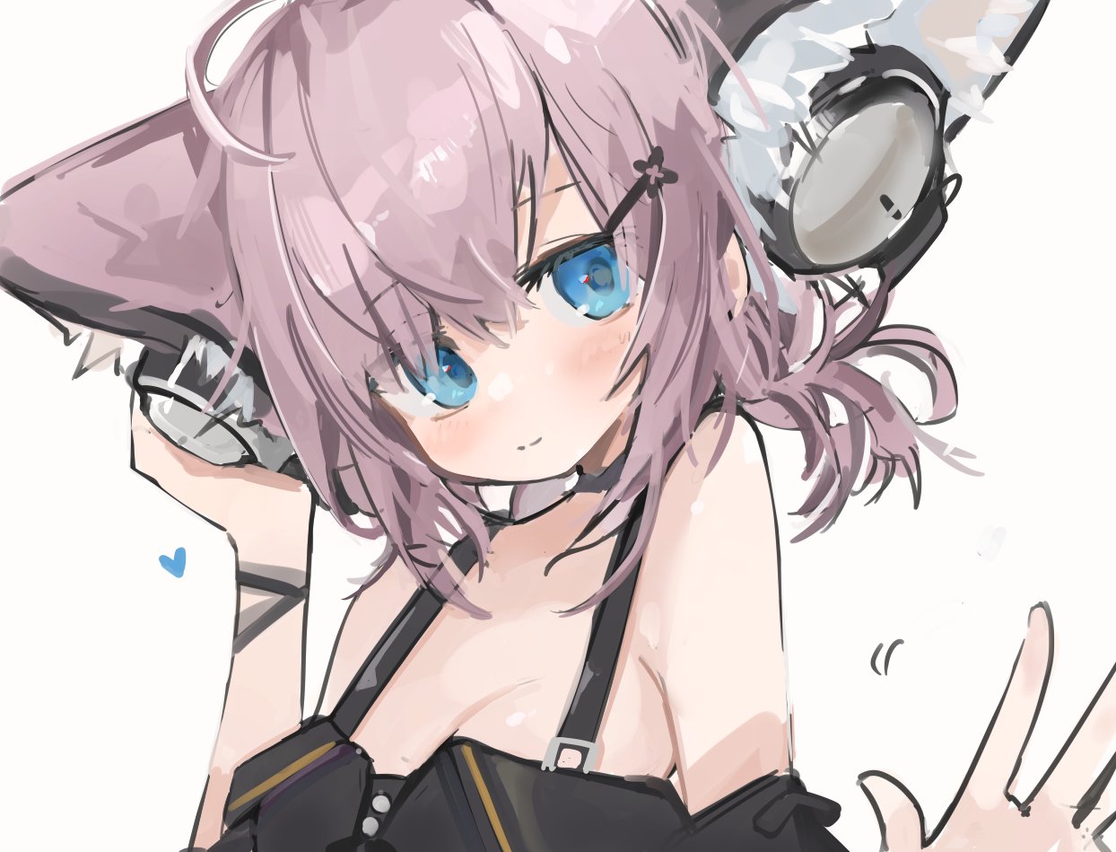1girl ahoge animal_ear_fluff animal_ears arknights black_swimsuit blue_eyes blush brown_hair commentary extra_ears fox_ears hair_ornament hairclip headphones heart looking_at_viewer mikojin official_alternate_costume portrait short_hair simple_background smile solo sussurro_(arknights) sussurro_(summer_flowers)_(arknights) swimsuit symbol_commentary waving white_background