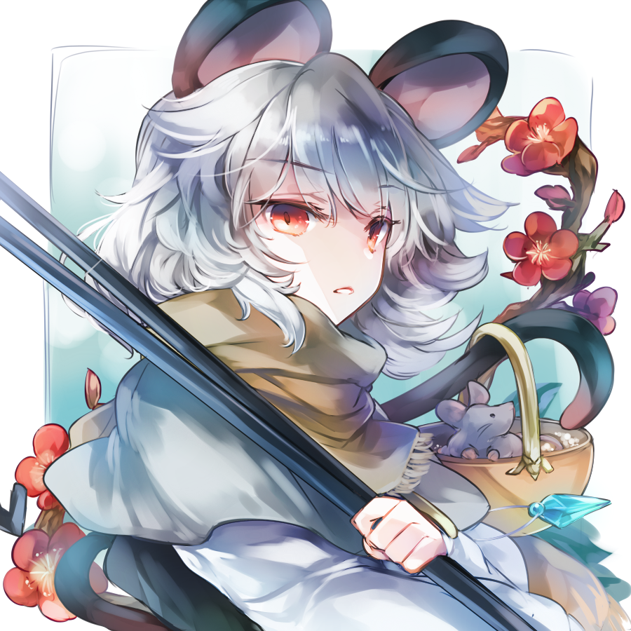 1girl animal animal_ears bangs black_eyes black_vest blue_background branch brown_neckwear brown_scarf cape closed_mouth crystal eyebrows_visible_through_hair floral_background flower gradient gradient_background grey_cape grey_hair hair_between_eyes hand_up kutsuki_kai long_sleeves looking_at_viewer looking_up mouse mouse_ears nazrin red_eyes red_flower scarf shirt short_hair solo teeth touhou upper_body vest white_background white_shirt white_sleeves