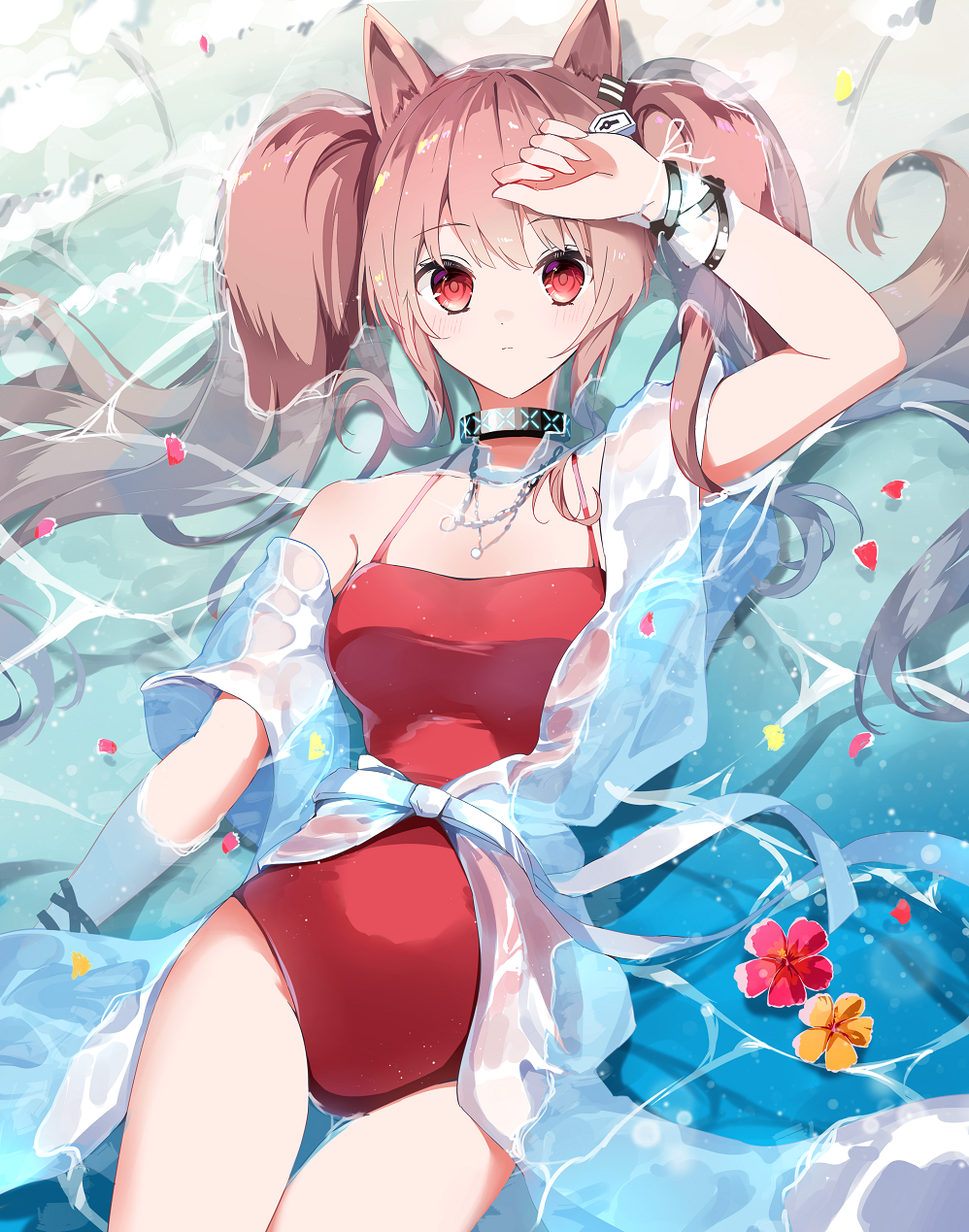 1girl a.a_(aa772) angelina_(arknights) angelina_(summer_flowers)_(arknights) animal_ears arknights bangs bare_shoulders beach bracelet breasts brown_hair chinese_commentary closed_mouth commentary_request cowboy_shot fox_ears hand_on_own_forehead highres infection_monitor_(arknights) jewelry long_hair looking_at_viewer lying medium_breasts necklace on_back one-piece_swimsuit partial_commentary partially_submerged red_eyes red_swimsuit solo spaghetti_strap swimsuit thigh_gap twintails