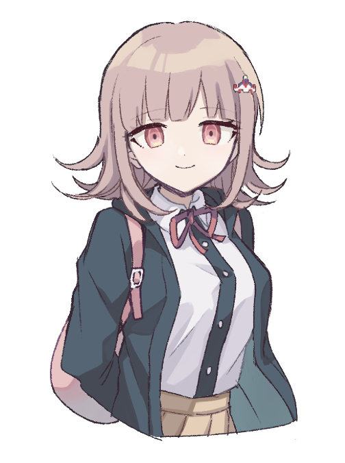 1girl arm_behind_back backpack bag bangs black_jacket black_shirt brown_skirt collared_shirt dangan_ronpa_(series) dangan_ronpa_2:_goodbye_despair flipped_hair hair_ornament hairclip haizai hood jacket looking_at_viewer medium_hair nanami_chiaki neck_ribbon open_clothes open_jacket pink_bag pink_eyes ribbon shiny shiny_hair shirt shirt_tucked_in skirt smile solo spaceship_hair_ornament two-tone_shirt