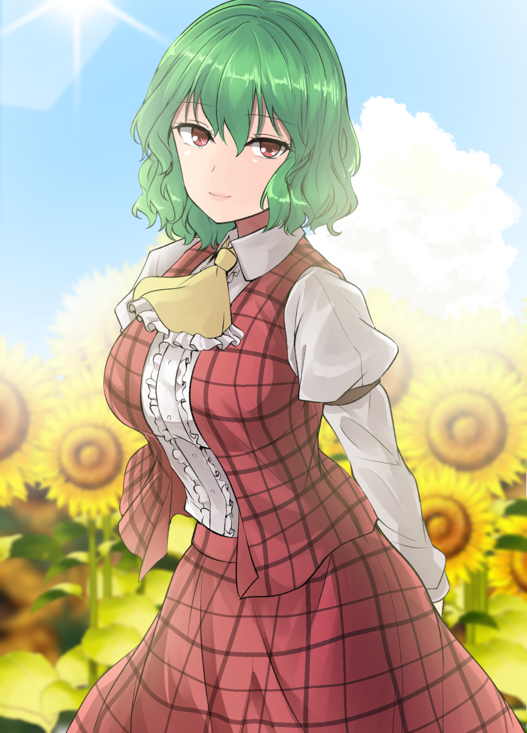 1girl arm_strap arms_behind_back ascot bangs blue_sky breasts clouds cowboy_shot day eyebrows_visible_through_hair flower frilled_ascot frilled_shirt frills garden_of_the_sun green_hair hair_between_eyes highres kazami_yuuka large_breasts lens_flare light_smile long_sleeves looking_at_viewer one-hour_drawing_challenge open_clothes open_vest outdoors plaid plaid_skirt plaid_vest puffy_long_sleeves puffy_sleeves red_eyes red_skirt red_vest shiny shiny_hair shirt short_hair skirt skirt_set sky solo sunflower sunlight touhou vest white_shirt y2 yellow_neckwear