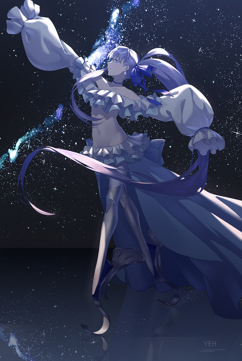 1girl arms_up blue_eyes bow fate/grand_order fate_(series) hair_bow highres long_hair meltryllis_(fate) meltryllis_(swimsuit_lancer)_(fate) navel night night_sky prosthesis prosthetic_leg purple_hair reflective_floor side_ponytail sky sleeves_past_fingers sleeves_past_wrists smile star_(sky) starry_sky very_long_hair yeh_(354162698)