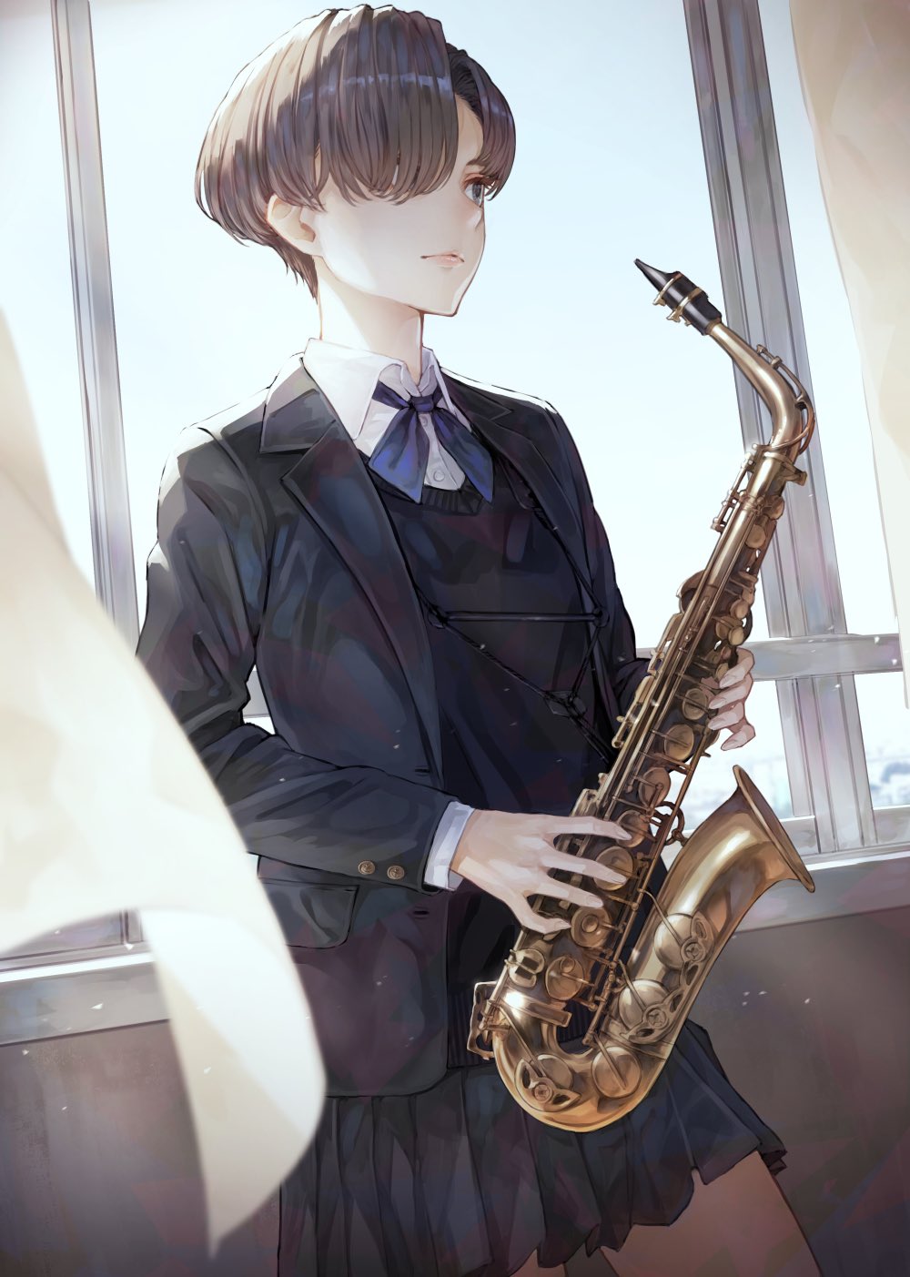 1girl alto_saxophone bangs blazer blonde_hair blue_eyes bow closed_mouth commentary_request hair_over_one_eye highres holding holding_instrument indoors instrument jacket kaoming long_sleeves original pleated_skirt saxophone school_uniform short_hair skirt solo sweater_vest