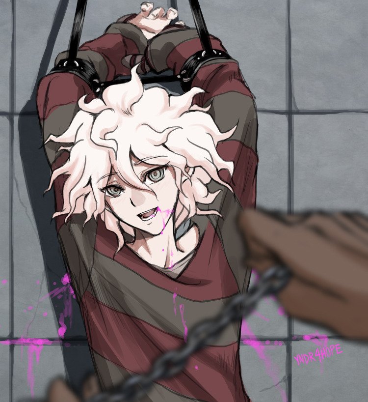 1boy 1other arms_up bangs blood blood_from_mouth blurry blurry_foreground bound brown_shirt chain dangan_ronpa_(series) dangan_ronpa_2:_goodbye_despair dangan_ronpa_another_episode:_ultra_despair_girls depth_of_field english_commentary holding komaeda_nagito long_sleeves looking_at_viewer male_focus messy_hair mittens official_alternate_costume open_mouth pink_blood red_shirt shirt solo_focus striped striped_shirt teeth tile_wall tiles upper_body white_hair yandr4hope