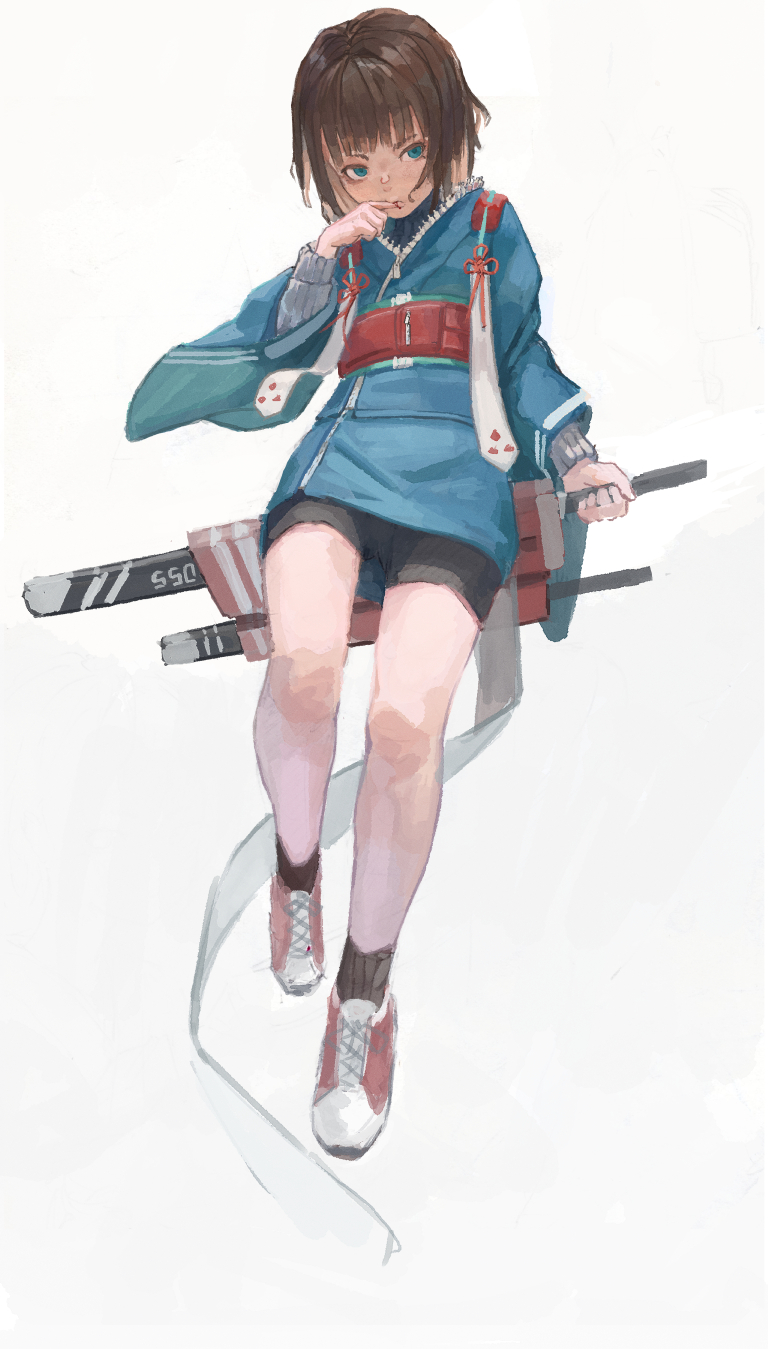 1girl bike_shorts biting black_legwear black_shorts blue_eyes blue_jacket brown_hair commentary finger_biting finger_in_mouth full_body highres jacket long_sleeves looking_at_viewer original others red_footwear shoes short_hair shorts simple_background socks solo sword weapon white_background