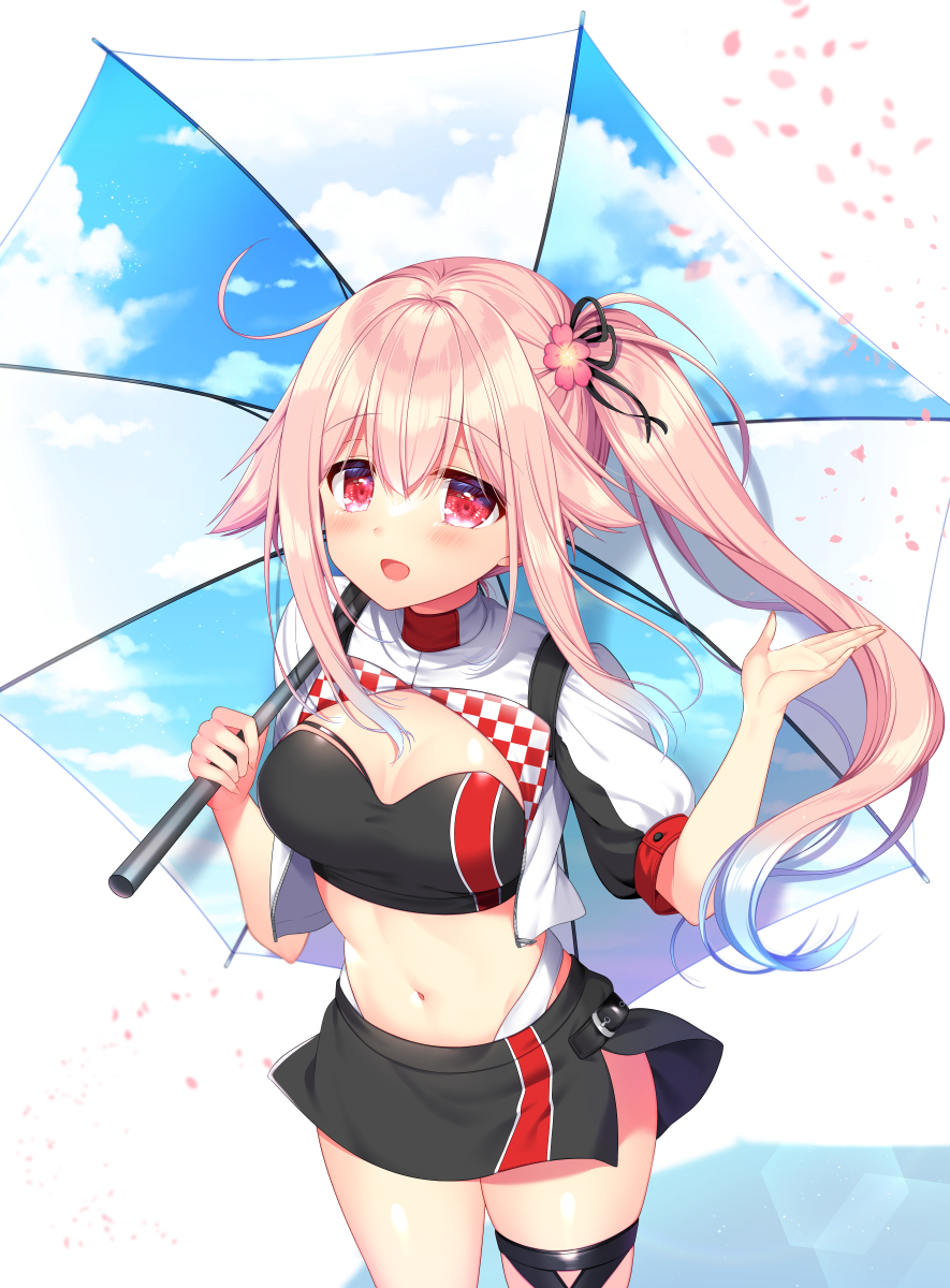 1girl ahoge arm_up bangs black_skirt blue_hair blush breasts cherry_blossoms commentary_request commission eyebrows_visible_through_hair flower gradient_hair hair_between_eyes hair_flaps hair_flower hair_ornament hair_ribbon harusame_(kancolle) highres holding holding_umbrella kantai_collection long_hair looking_at_viewer medium_breasts miniskirt multicolored_hair navel open_mouth petals pink_hair racequeen red_eyes ribbon ringo_sui shiny shiny_hair short_sleeves side_ponytail sidelocks skirt solo thigh_strap umbrella