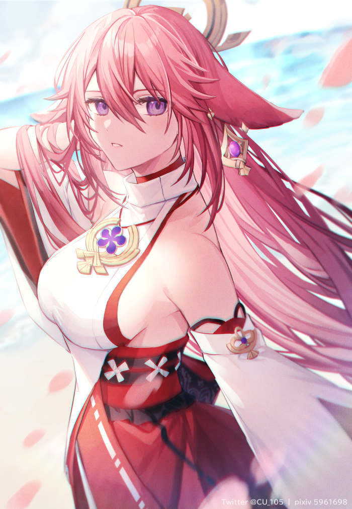 1girl bangs bare_shoulders blush coyucom detached_sleeves genshin_impact hair_ornament japanese_clothes jewelry kimono long_hair looking_at_viewer miko necklace pendant pink_hair red_skirt sidelocks skirt sleeveless sleeveless_kimono very_long_hair violet_eyes white_kimono wide_sleeves yae_miko