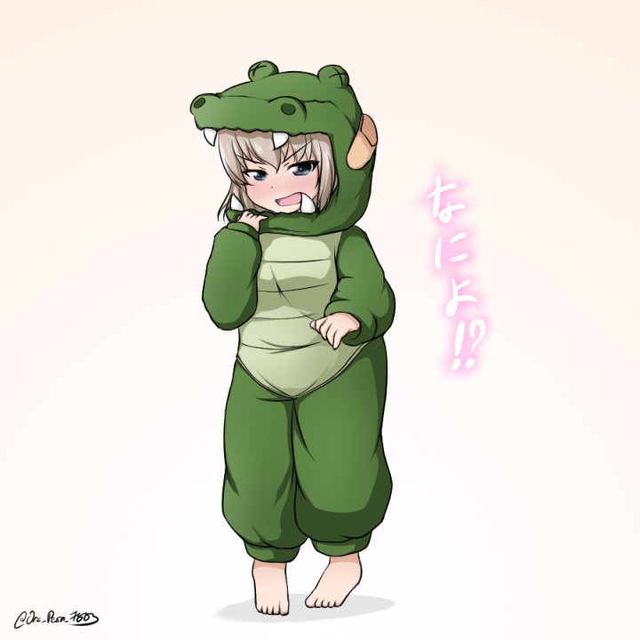 1girl alligator_costume bandaid barefoot blue_eyes blush commentary eyebrows_visible_through_hair frown girls_und_panzer hood hood_up itsumi_erika long_sleeves looking_at_viewer onesie open_mouth orc_peon_7503 pajamas silver_hair solo standing translated twitter_username