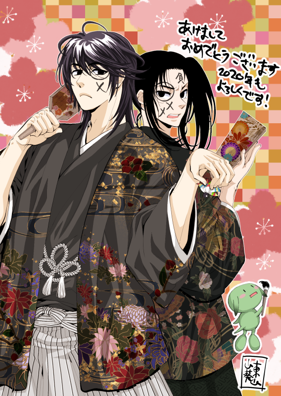 2boys alternate_costume annoyed artist_name black_hair egasumi facepaint floral_print formal frown furrowed_brow hagoita hakama hane_(hanetsuki) hanetsuki haori haori_himo haruka_(tactics) higashiyama_kazuko japanese_clothes kimono long_hair male_focus multiple_boys muu-chan new_year paddle sakuramon sayagata sidelocks sugino_(tactics) tactics translation_request twintails