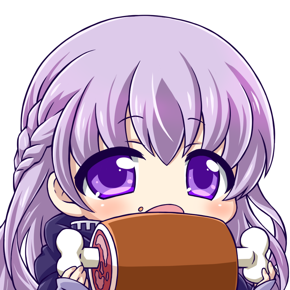 1girl blue_cape blue_dress boned_meat braid cape chibi commission commissioner_upload dress eating expressionless eyebrows_visible_through_hair fire_emblem fire_emblem:_the_binding_blade food french_braid long_hair meat purple_hair skeb_commission solo sophia_(fire_emblem) transparent transparent_background usahara violet_eyes